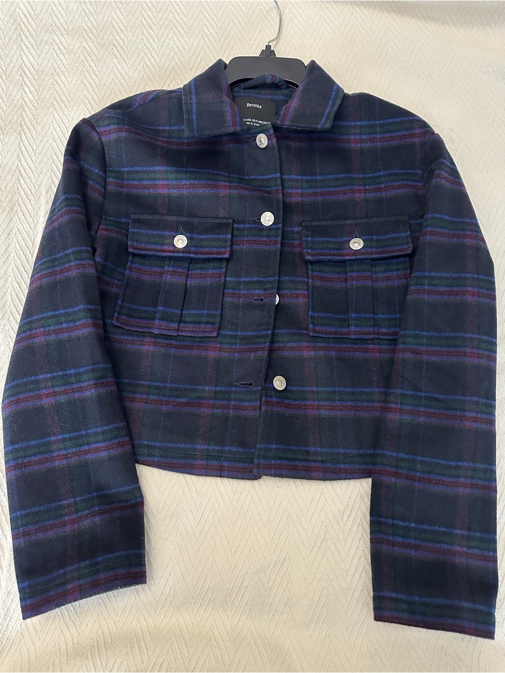 Bershka wool blend lined Navy Plaid Cropped Trucker Jacket